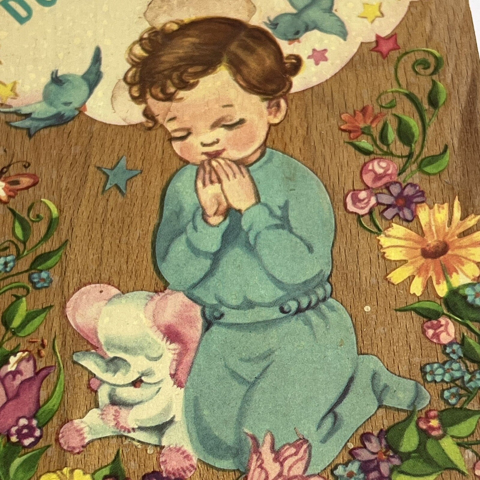 Vintage 1950s Meyercord Praying Boy & Elephant Decal On Wood Picture Plaque