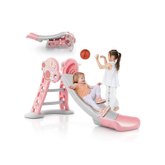 3-in-1 Folding Slide Playset with Basketball Hoop and Small Basketball-Pink - Co
