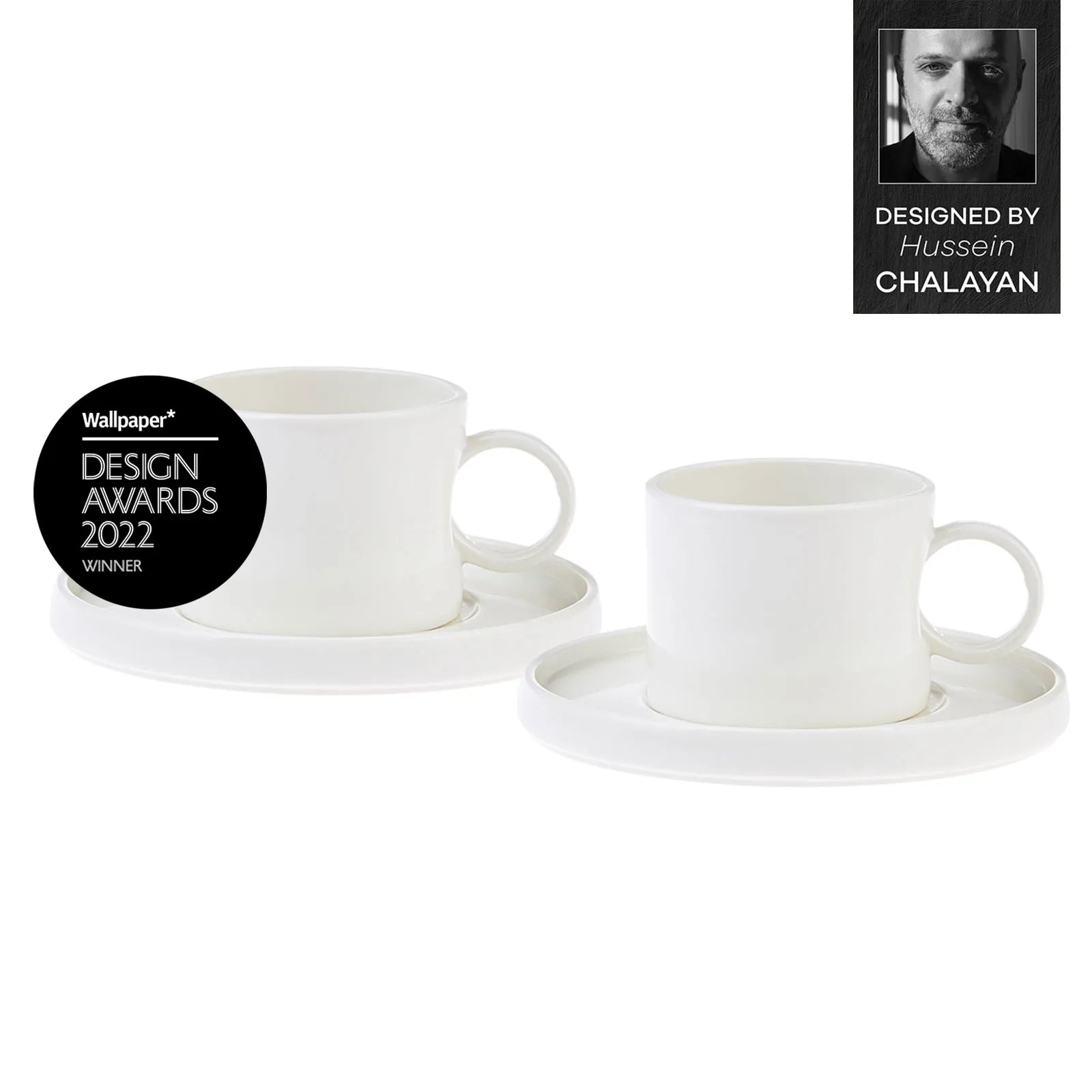 Karaca Hussein Chalayan Future Perfect 4-Piece Porcelain Tea Cup and Saucer Set for 2 People, 200ml, White