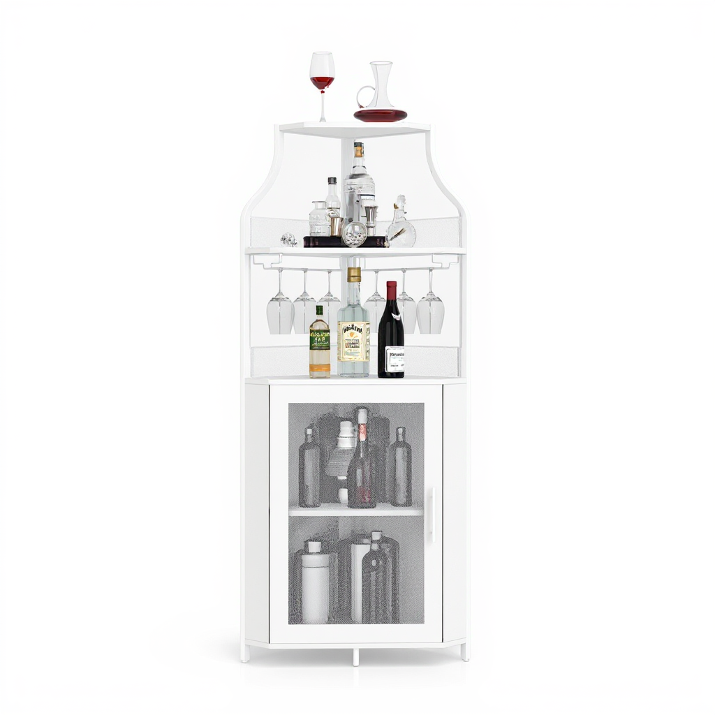 Garvee Corner Wine Bar Rack Cabinet with Detachable Wine Rack, Bar Cabinet with Glass Holder and Mesh Door, Liquor Coffe Bar Cabinet with Adjustable S