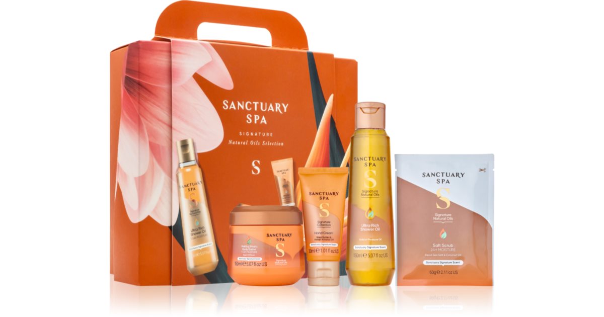 Sanctuary Spa Signature Natural Oils Selection Presentset Närande Body Butter 150ml + Handkräm 30ml + Duscholja 150ml + Närande och återfuktande Salts