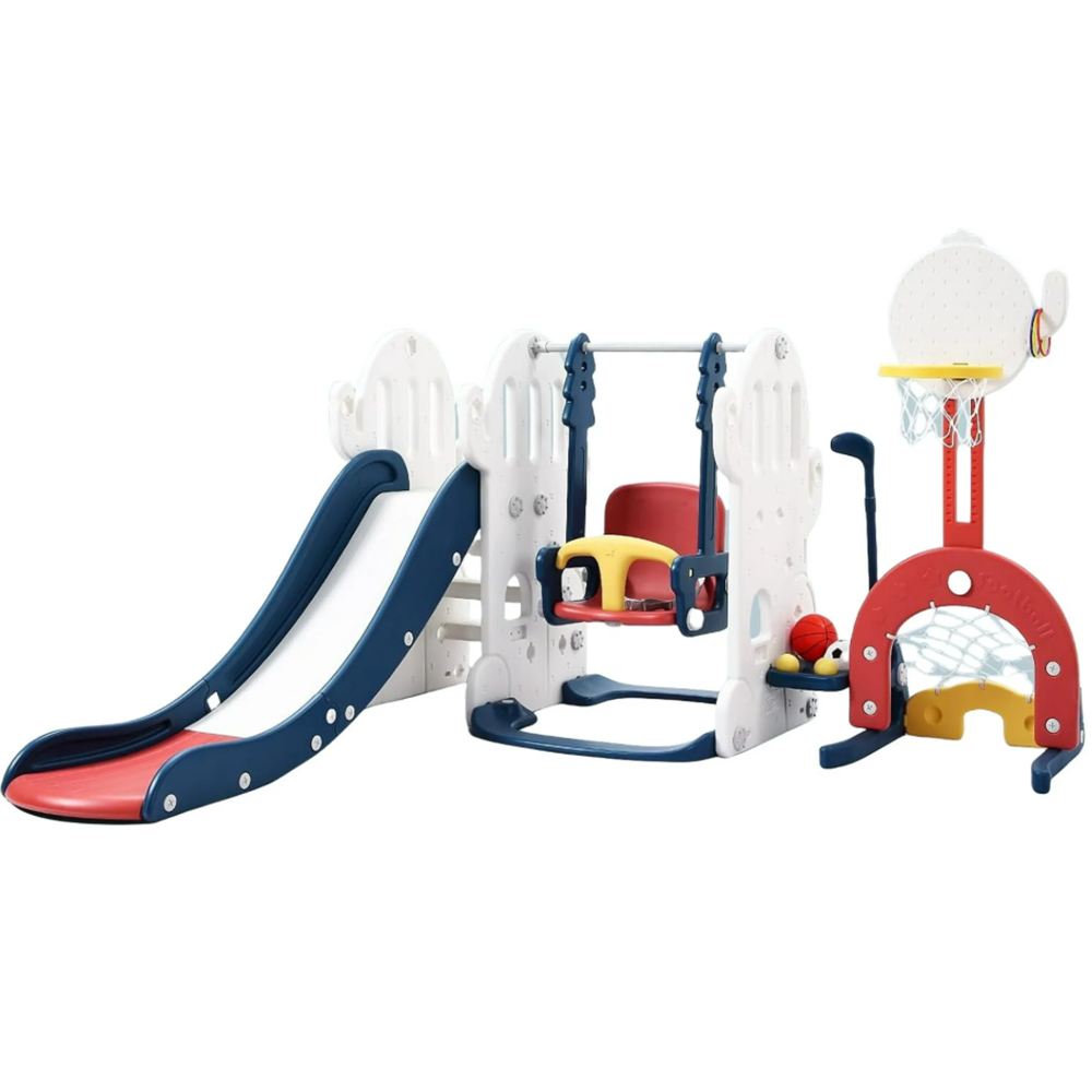 Garvee 7-in-1 Toddler Slide and Swing Set with Adjustable Swing, Basketball Hoop, Soccer Golf, Ring Toss, HDPE Material, Indoor Outdoor Playset for Ki