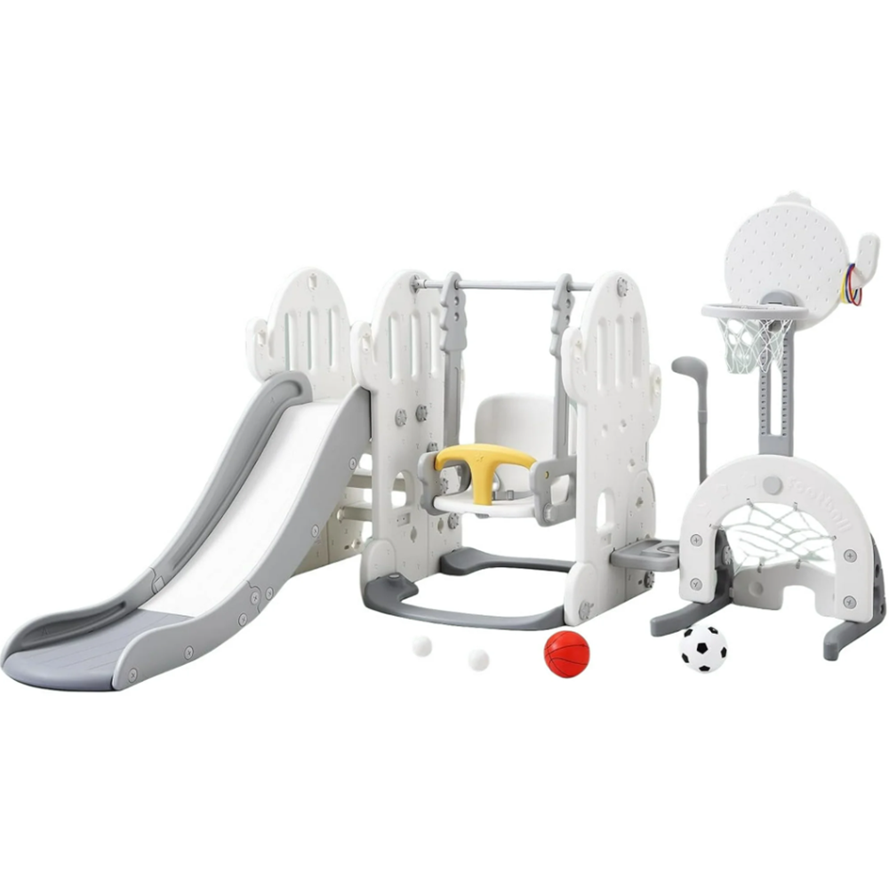 Garvee 7-in-1 Toddler Slide and Swing Set - Freestanding Climber with Adjustable Swing, Basketball Hoop, Soccer Golf & Ring Toss | Indoor-Outdoor Play