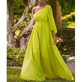 A-Line Wedding Guest Dress Formal Wedding Party Floor Length Long Sleeve One Shoulder Fall Black Tie Chiffon with Ruched 2024