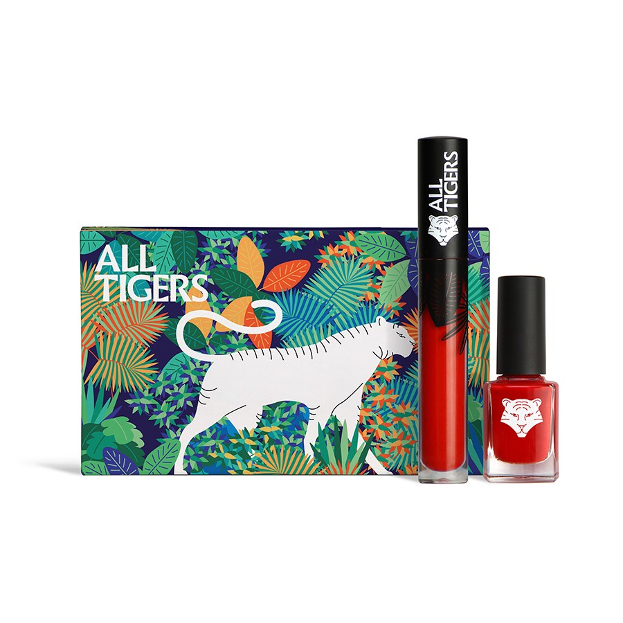 Set All Tigers: 888 Call Me Queen natural and vegan liquid lipstick 8 ml + 298 Hit It Big natural and vegan nail polish 11 ml