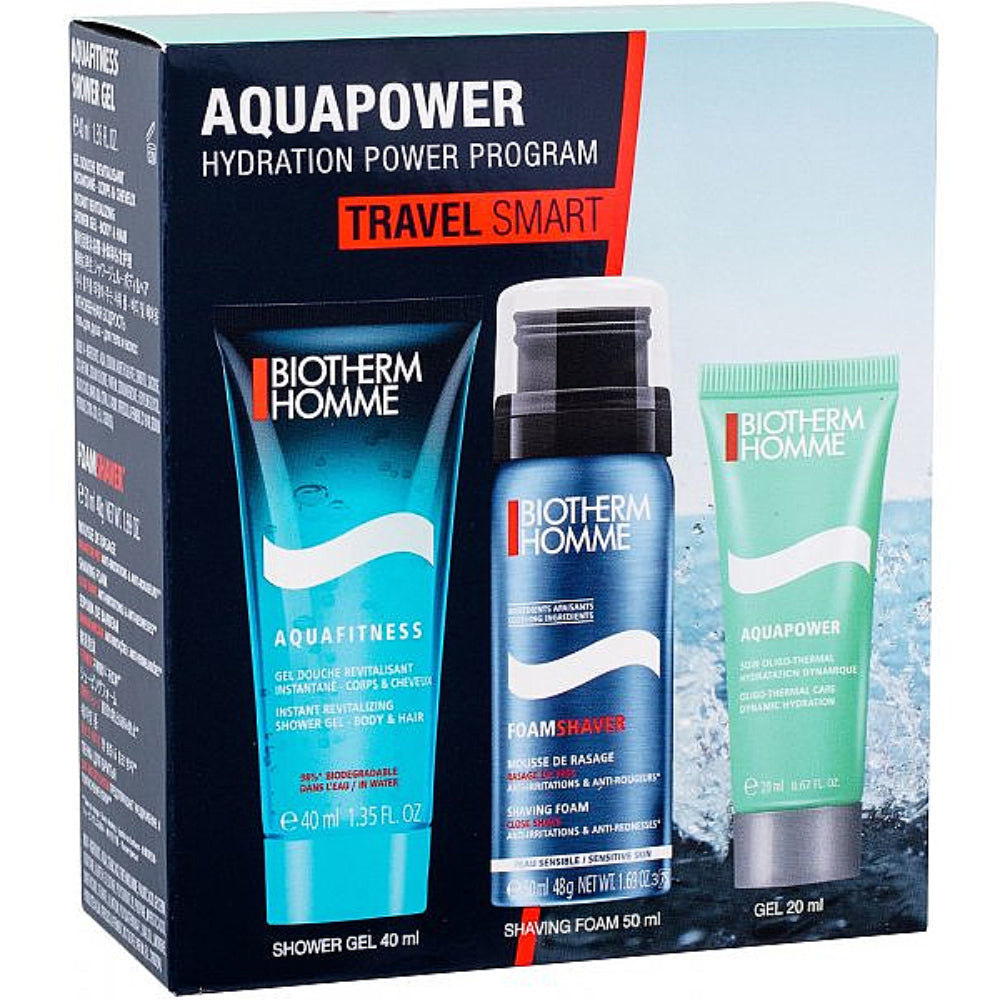 Smart Travel Set Biotherm: Aquapower, moisturizing, cream, for the face, 20 ml + Aquapower, shaving foam, 50 ml + Aquapower, cleansing, shower gel, 40