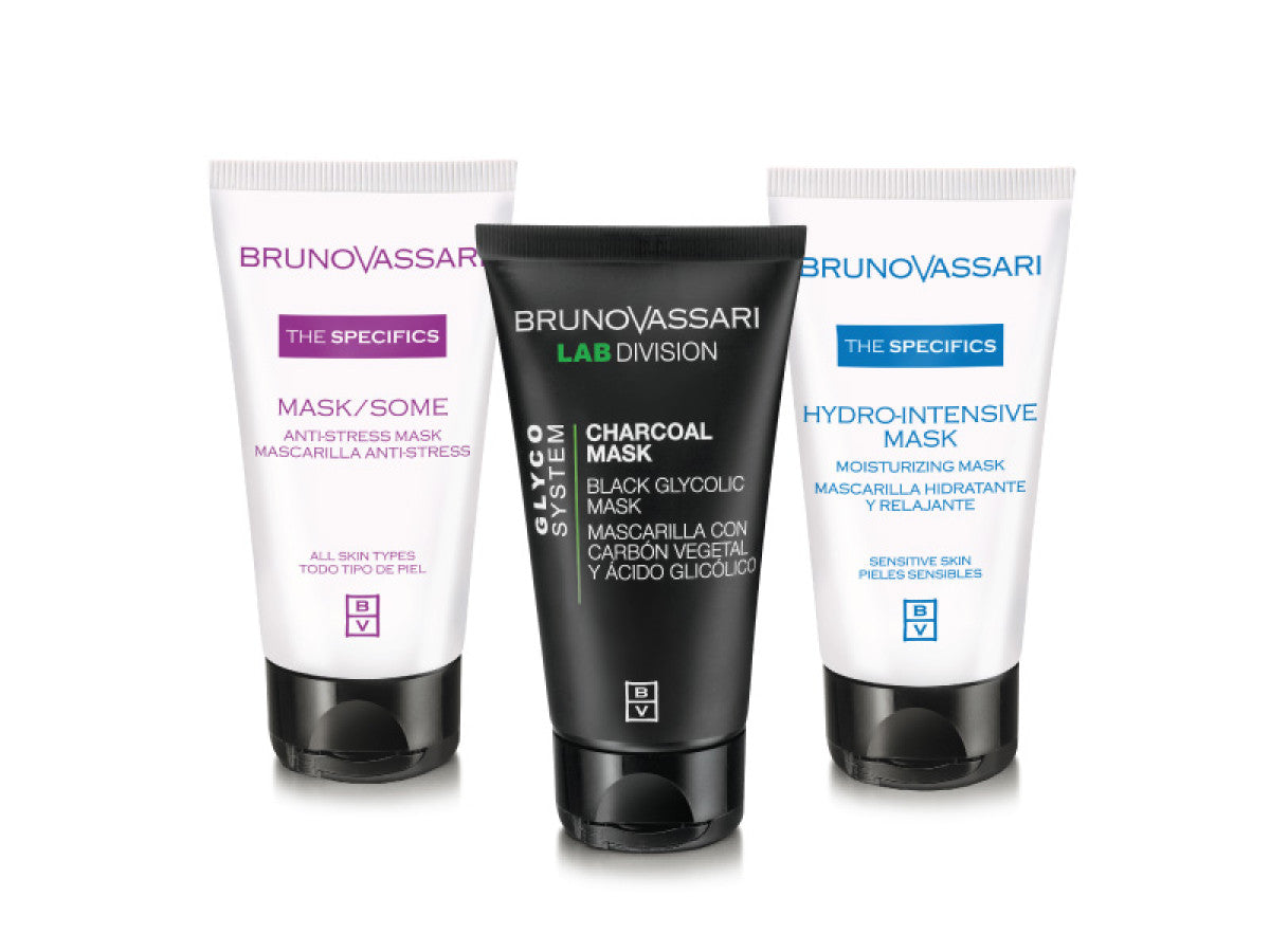 Set Multimasking Bruno Vassari: The Specifics Maschera Crema Idratante Viso 50 ml + Maschera Crema Antistress Giorno & Notte Vitamina A Viso 50 ml + G
