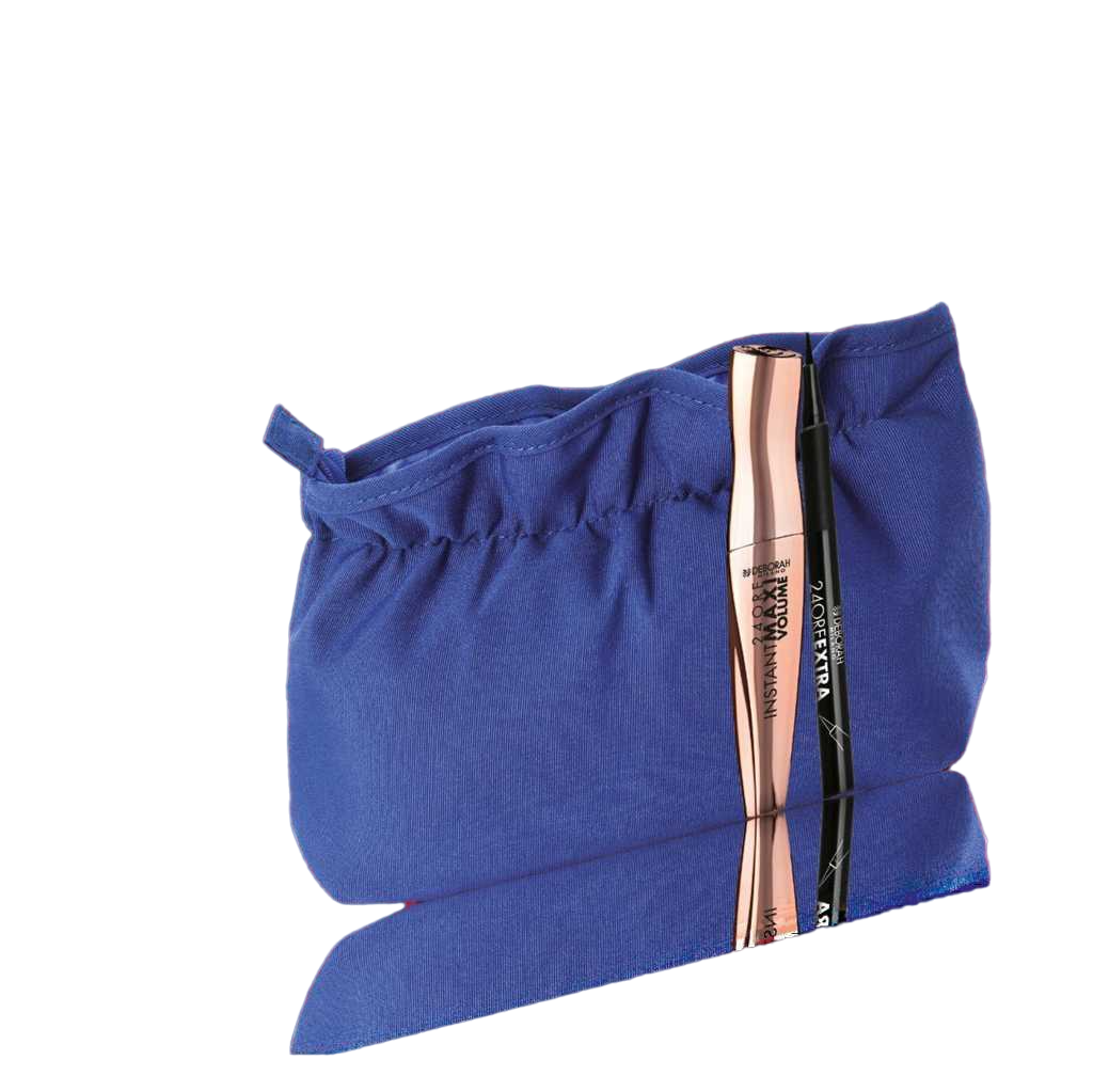 Sett Deborah: Maxi Volume Instant Volumizing Mascara Black 11 ml + 24 Hours Extra Gel Pencil Eyeliner Black 15 g + Blå tekstilveske