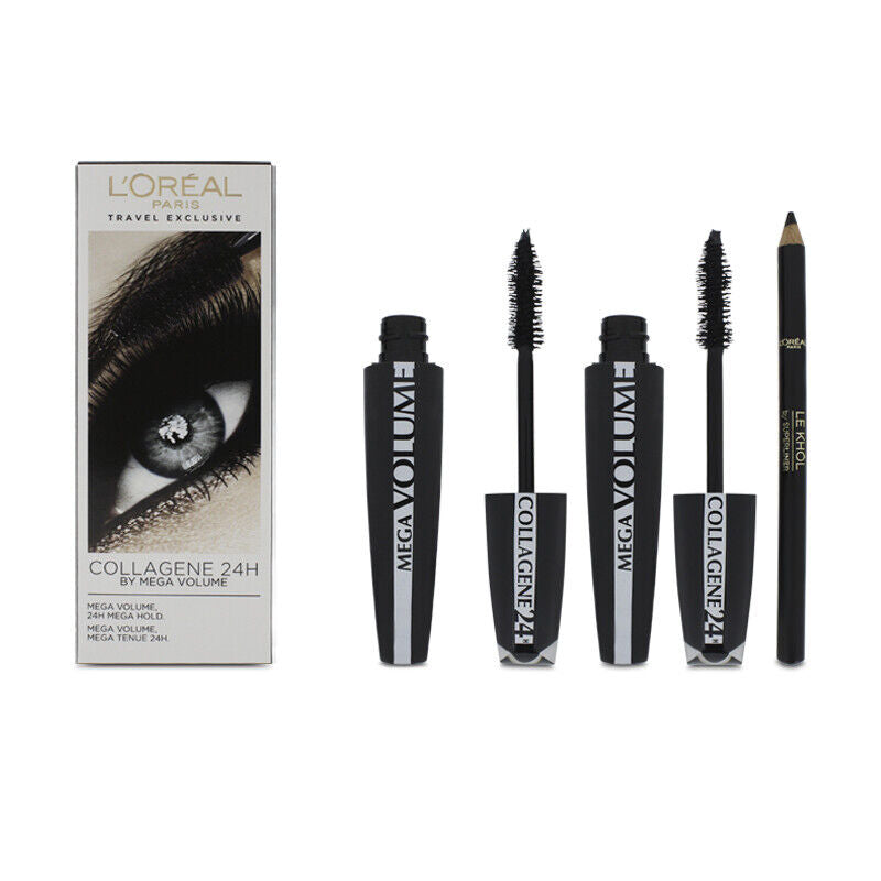 L'Oréal Paris-sett: Mega Volume Collagen 24h Extra, Mascara, svart, 2 stk., 9 ml + Contour Khol, Eyeliner Kohl, svart, 1,2 g