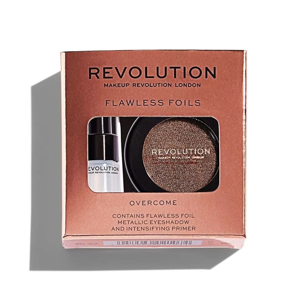 Soubor Makeup Revolution: Flawless Folie Vegan Eyeshadow Primer 2ml + Flawless Folie Vegan Paletka očních stínů Overcome 2g