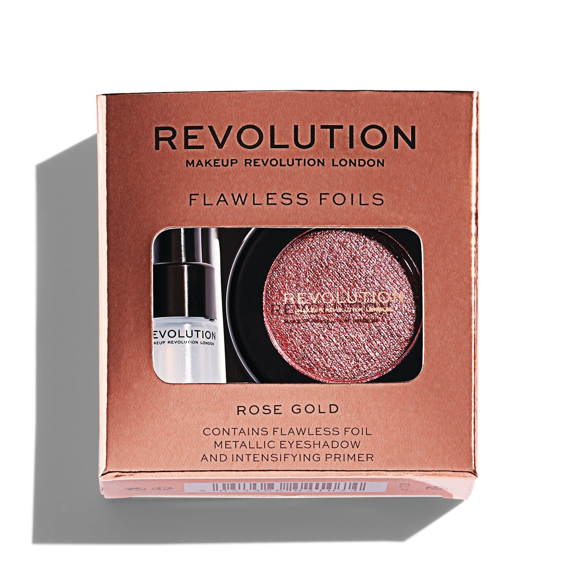 Sæt Makeup Revolution: Flawless Foils Vegan Eyeshadow Primer 2ml + Flawless Foils Vegan Rose Gold Eyeshadow Palette 2 g