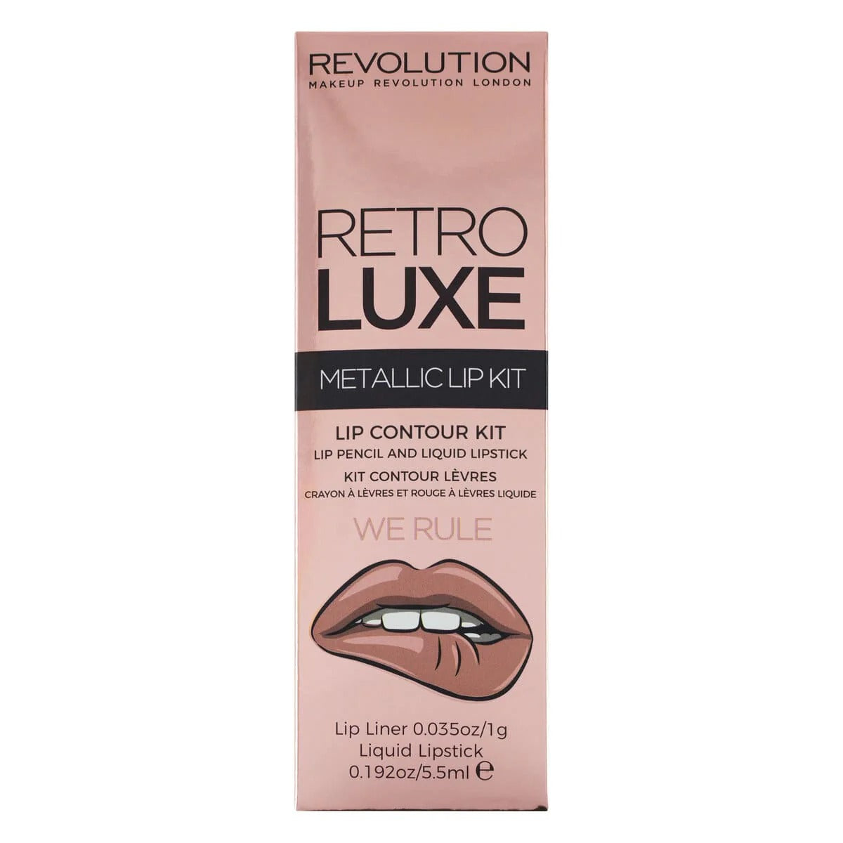 Uppsättning Makeup Revolution: Retro Metallic Liquid Lipstick Luxe We Rule 55 ml + Retro Lip Pencil Luxe Vi reglerar 1 g