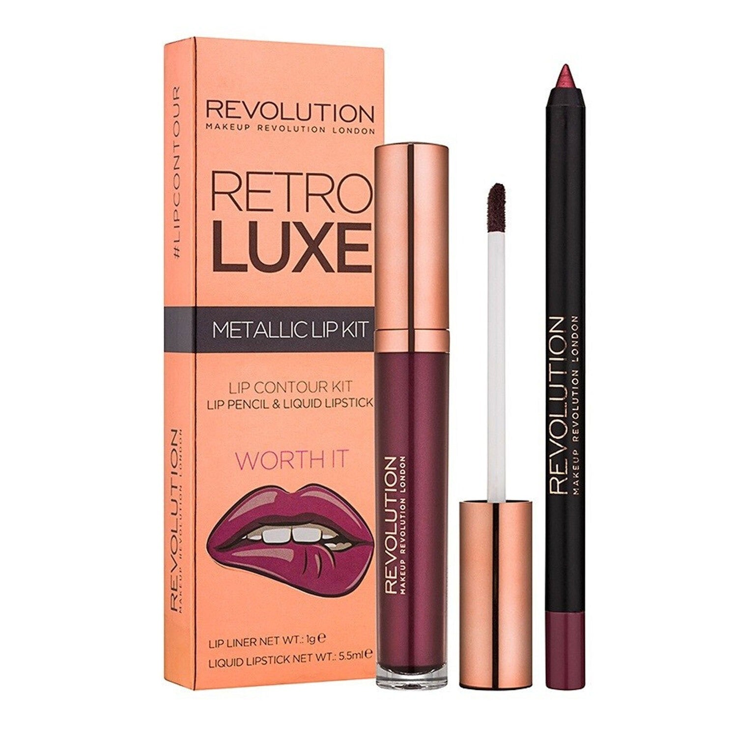 Uppsättning Makeup Revolution: Retro Metallic Liquid Lipstick Luxe 55ml + Retro läpppenna Luxe från 1 g