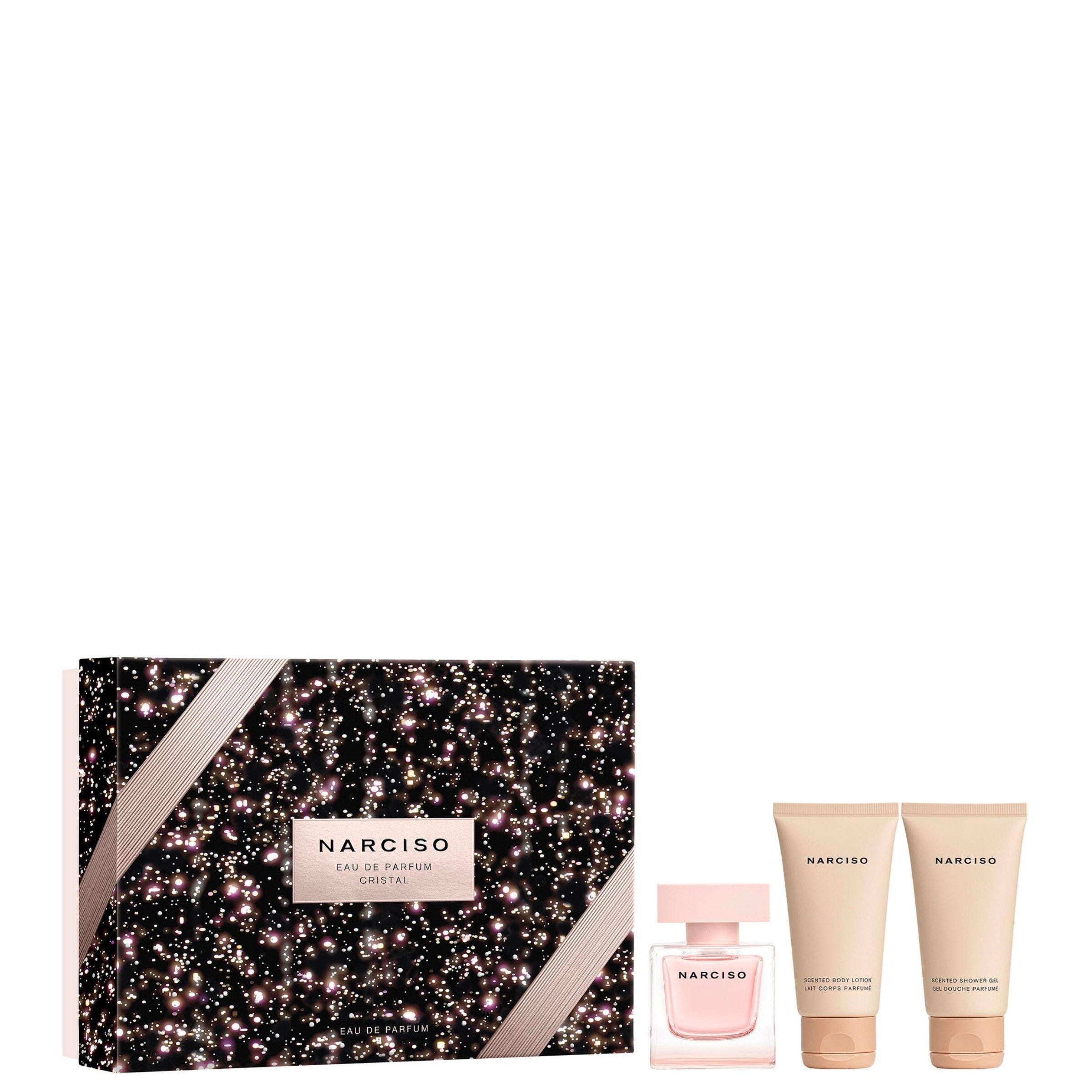 Narciso Rodriguez gavesett: Cristal Eau De Parfum for kvinner 50ml + Cristal Hydrating Body Lotion 50ml + Cristal Shower Gel 50ml