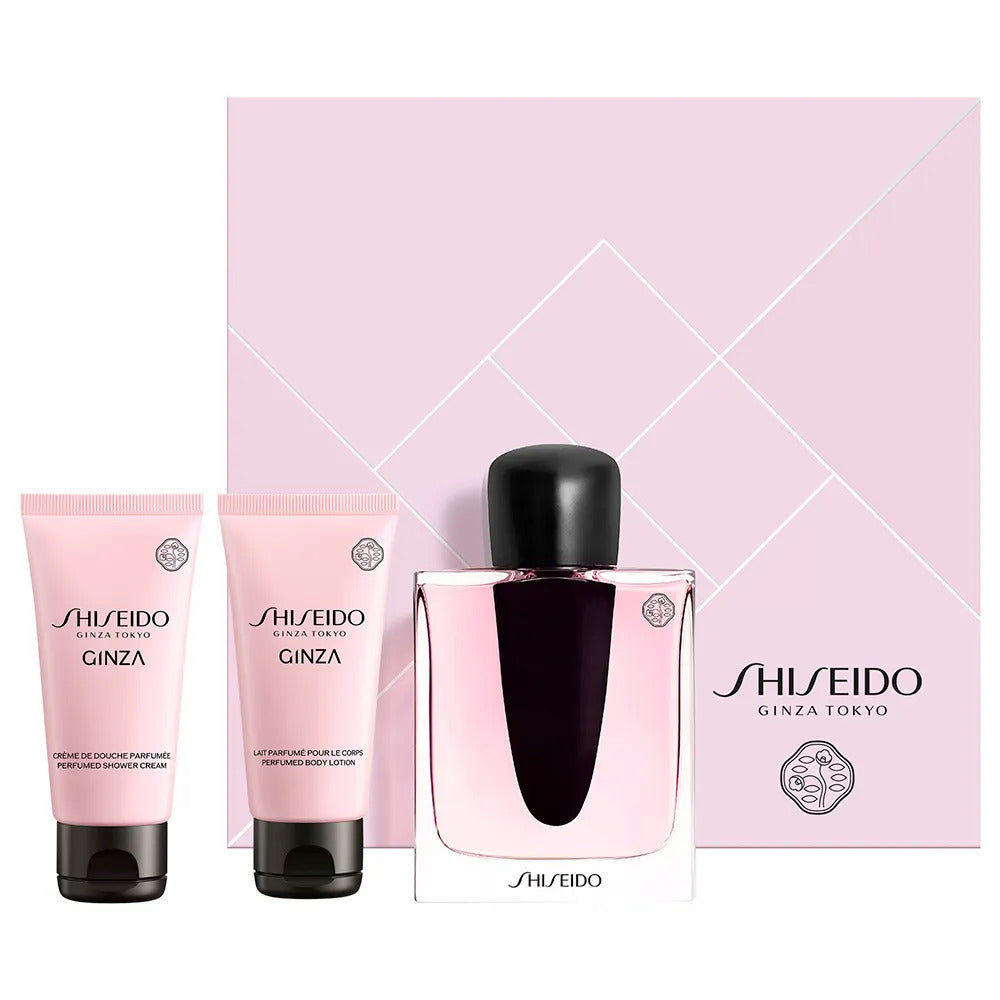 Sett Shiseido: Ginza Eau De Parfum for kvinner 50 ml + Ginza fuktighetsgivende bodylotion 50 ml + Ginza rensende dusjgelé for alle hudtyper 50 ml