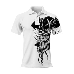 Skeleton Pirate Men's Abstract 3D Print Outdoor Daily Wear Streetwear Polyester Short Sleeve Turndown Polo Shirts White Wine Spring  Summer S M L Micro-elastic