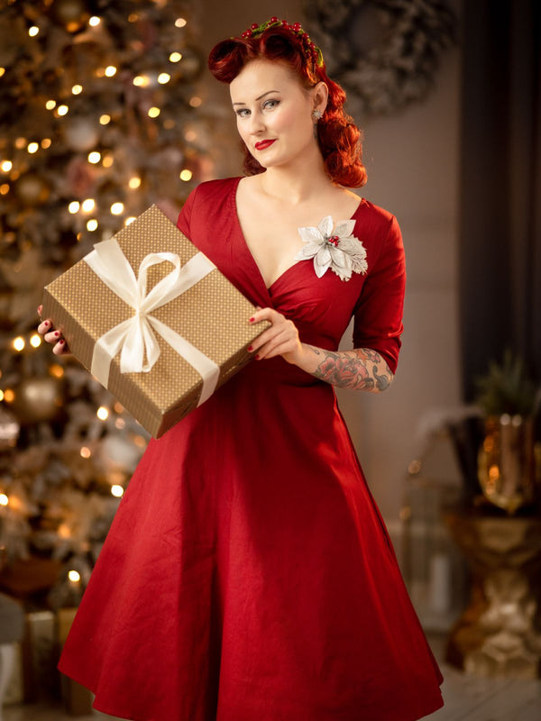 Retro Stage 1950s Solid Sweetheart Fold Swing Dress Wine Red,S