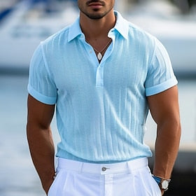 Homens Pólo Camisa de golfe Casual Feriado gola pólo com nervuras Manga Curta Moda Básico Listra Tecido Botão Secagem Rápida Verão Normal Azul Claro Branco Rox