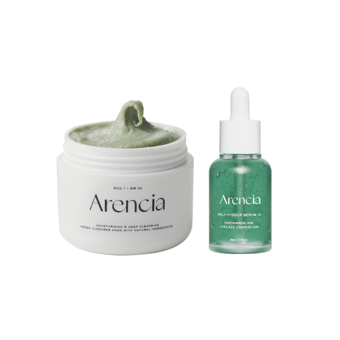 Arencia - Fresh Green Rice Mochi Cleanser - 120g & Holy Hyssop Serum 12 - 30ml Set