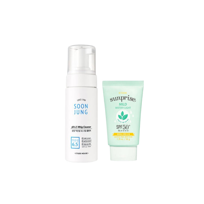 ETUDE - Sunprise Mild Watery Light Sunscreen SPF 50+ PA++++ - 50g (1ea) + Soon Jung pH 6.5 Whip Cleanser - 150ml (1ea) Set