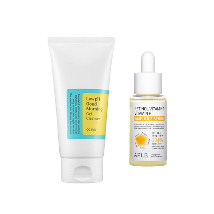 COSRX - Low pH Good Morning Gel Cleanser - 150ml + APLB - Retinol Vitamin C Vitamin E Ampoule Serum - 40ml Set