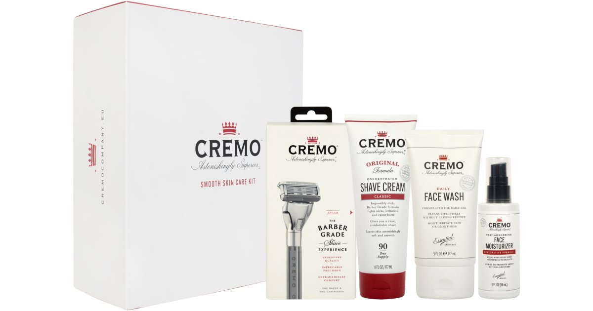 Cremo Smooth Skincare Gift Set for Men's Face Razor + Shaving Cream 177ml + Facial Cleansing Soap for Men 147ml + Hydrating Regenerating Cream 88ml