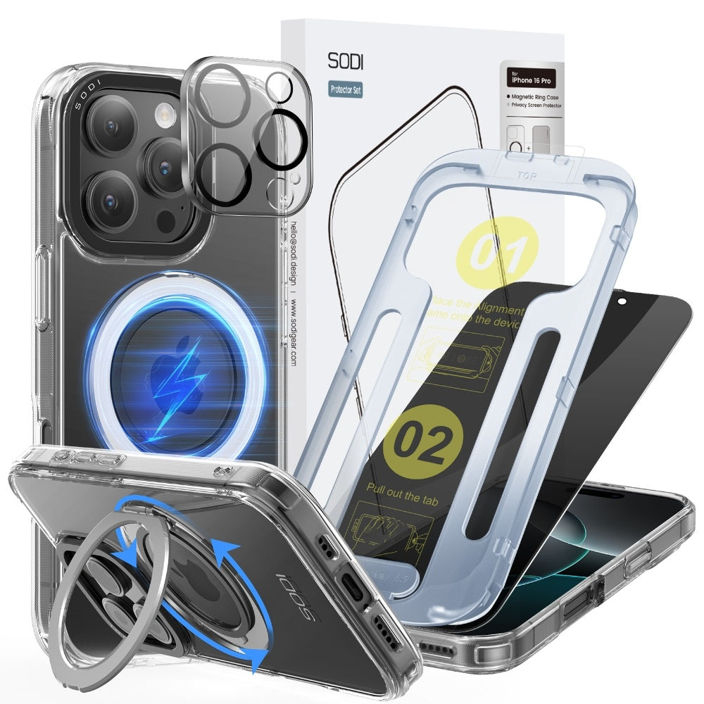 SODI CS03 Phone Ring Stand Case Privacy Screen Protector Set for iPhone16 Pro Max