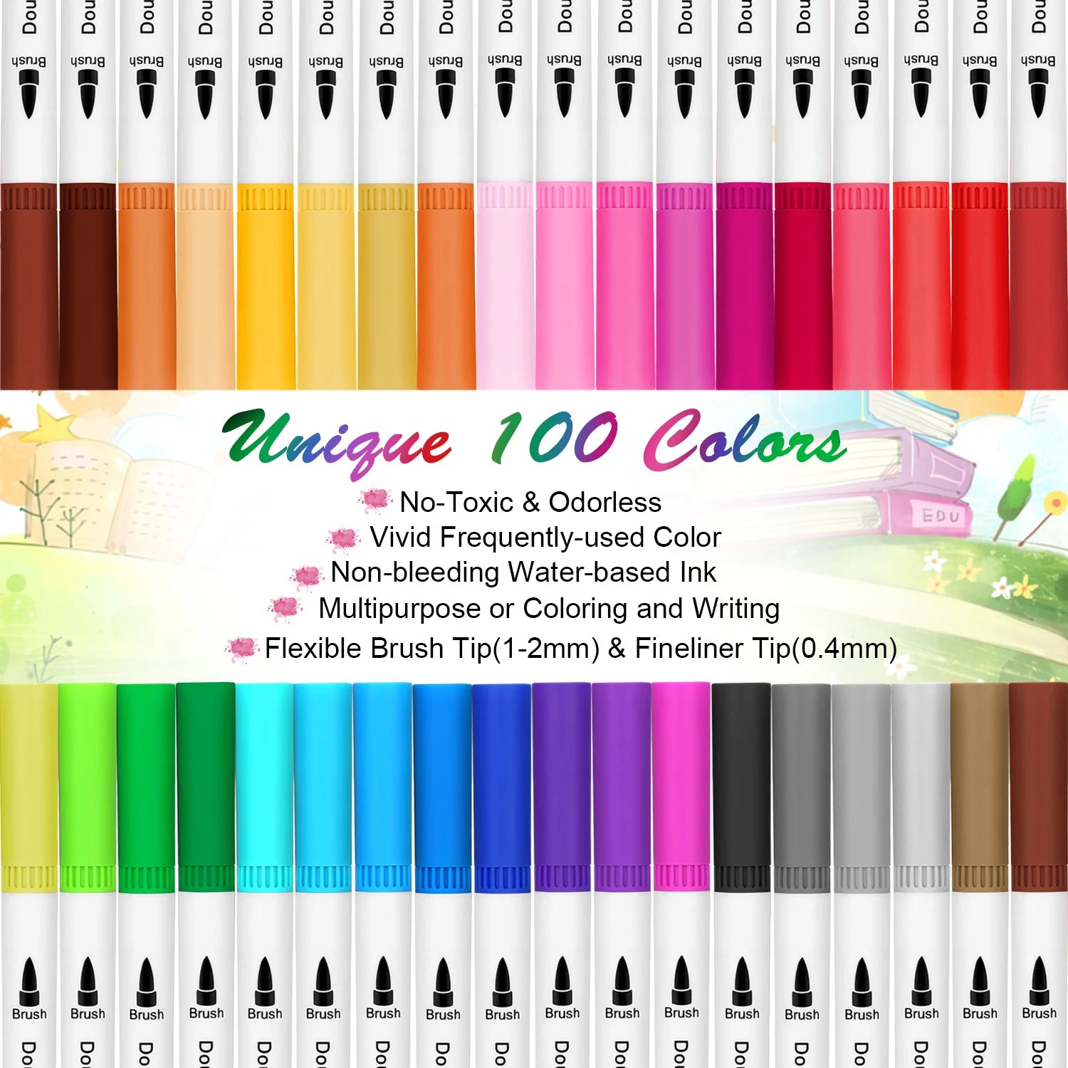 AGPTEK 100 Colors Dual Tip Brush Marker Pens with 0.4 Fine Tip: Non-Toxic Odorless