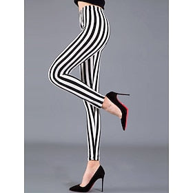 Women's Leggings Print Mid Waist Full Length Black and white stripes Fall