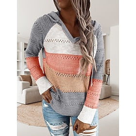 Women's Pullover Sweater Jumper Hooded Crochet Knit Thin Fall Winter Tunic Work Daily Holiday Casual Soft Long Sleeve Color Block Black Wine Blue S M L
