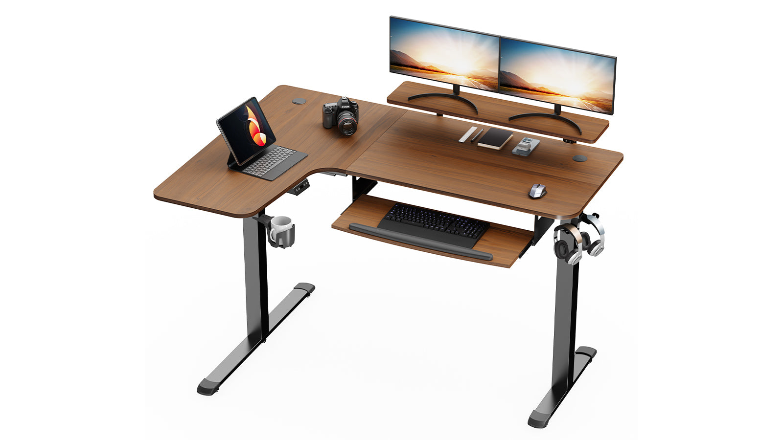 EUREKA ERGONOMIC L60 L-shaped Standing Desk: Key board tray Walnut - Left hand