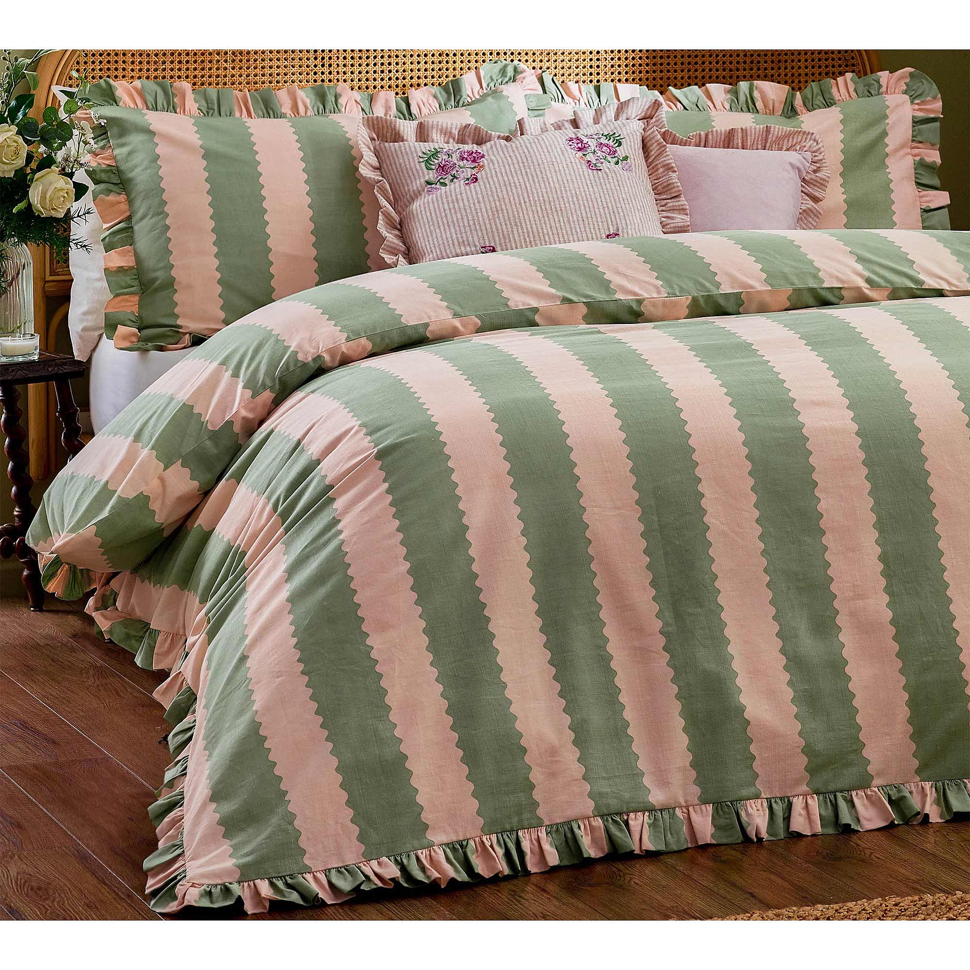 Birdie Stripe Bed Linen in Pistachio & Petal (Double Set) Matron Inn