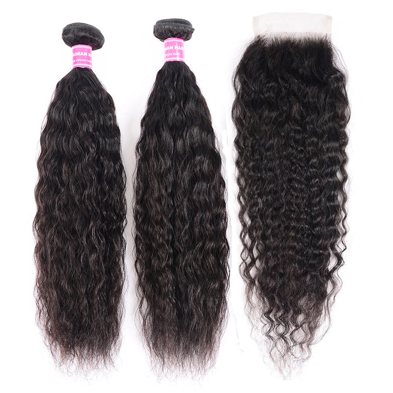 Julia 2 Pieces Super Wave Hair Bundles With Closure 100% Healthy Human Hair No Chemical Customizable Wig For Women