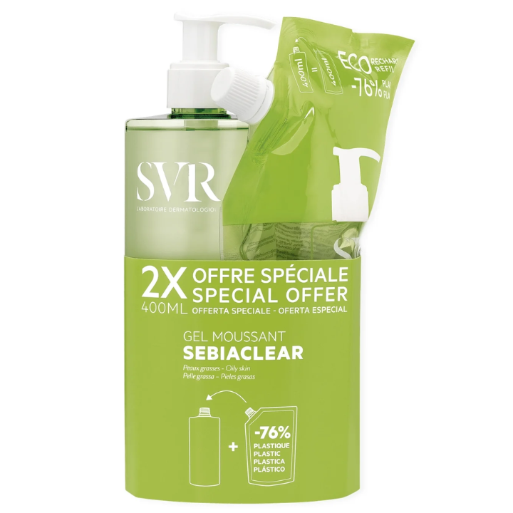 SVR SEBIACLEAR SKUMGEL - Såpefritt vaskemiddel, rensende, avkalkingsmiddel - Pumpeflaske + ØKO-PÅFYLLING 2x400ml