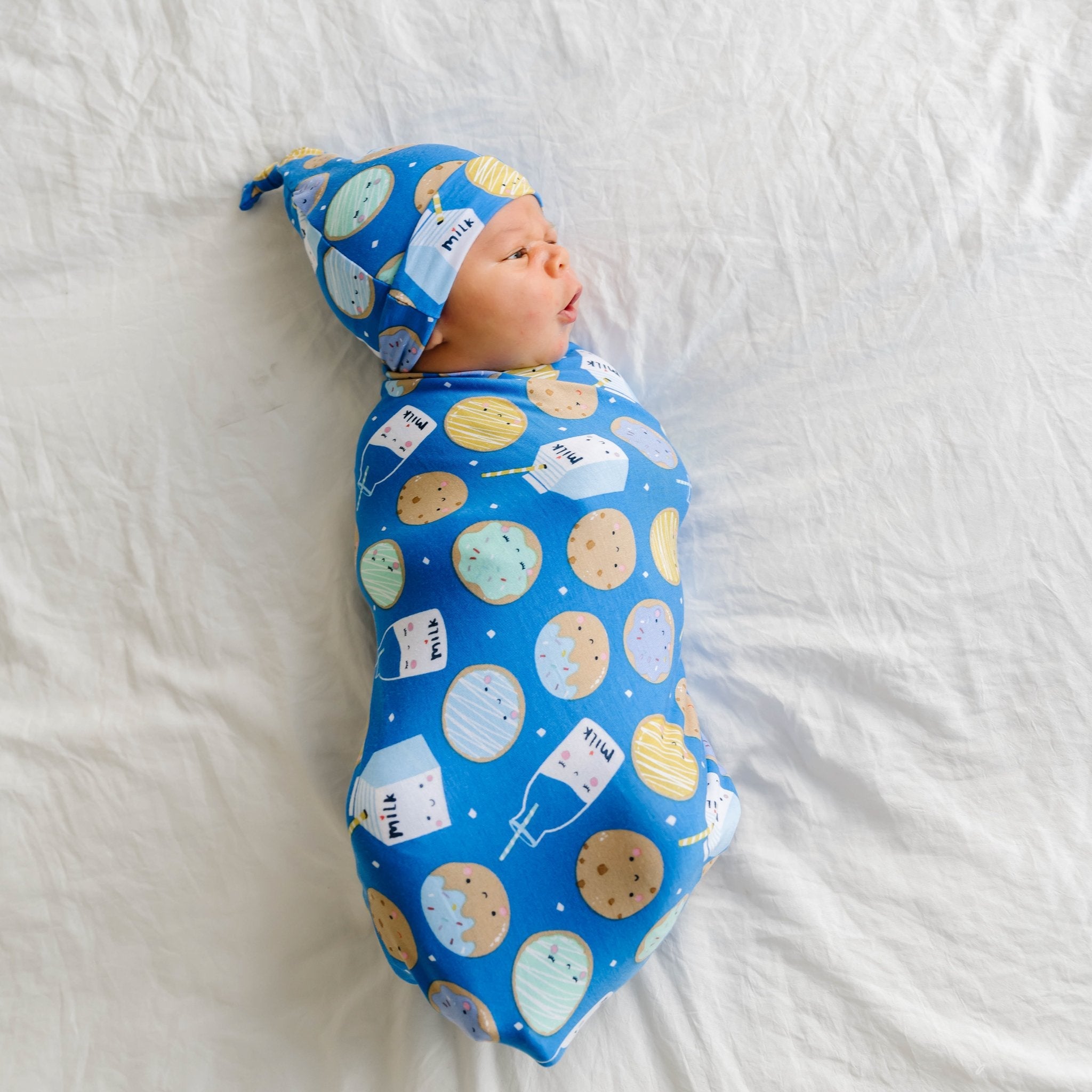 Blue Cookies & Milk Swaddle + Hat Set