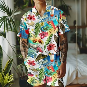 Beach Party Hawaiian Casual Resort Men's Summer Hawaiian Shirt Outdoor Street Casual Summer Spring Turndown Short Sleeves White S, M, L Polyester Shirt
