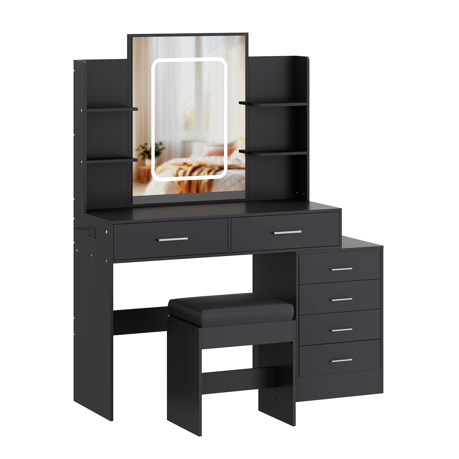 Garvee Vanity Desk with Mirror and Lights, 6 Drawers, Adjustable LED Lighting, Wood, USB Charging Ports, Stool Included, Bedroom Dressing Table, Black