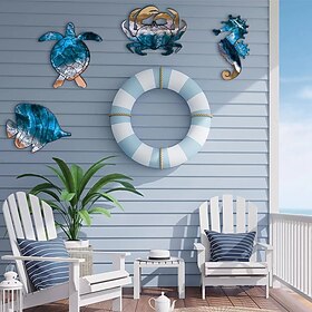 Set of 4 Seahorse Wall Decor Sea Turtle Fish Crab Starfish Sea Urchin Shell Conch Wall Art Decorations Outdoor Beach Theme Decor Ocean Fence Art Wood Outdoor W