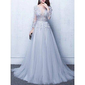 A-Line Evening Gown Party Dress Luxurious Dress Wedding Guest Engagement Chapel Train Half Sleeve Illusion Neck Tulle with Beading Appliques 2024