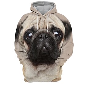 Pug Dog Hoodie Mens Graphic Pullover Sweatshirt Khaki Hooded Prints Daily Sports 3D Basic Streetwear Designer Spring  Fall Clothing Apparel Casual Brown Cotton