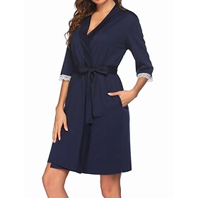 Women's Pajamas Robe Bathrobe Pure Color Simple Casual Comfort Home Daily Bed Cotton Spandex Jersey Breathable V Wire Fall Winter Black Navy Blue