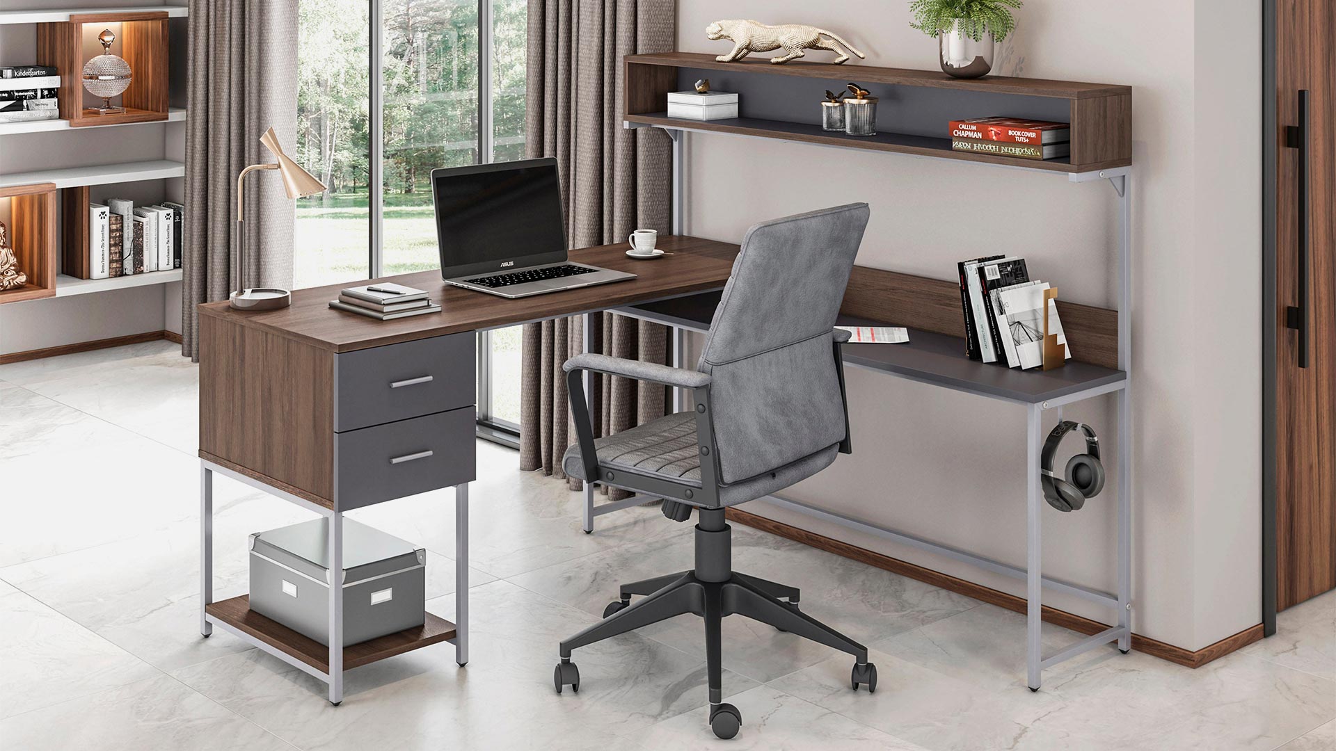 Techni Mobili L-Shape Desk with Hutch and Storage Walnut