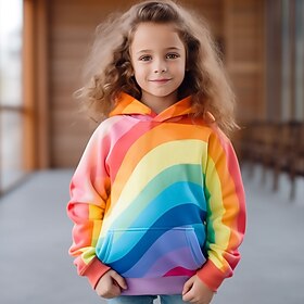 Girls' 3D Rainbow Hoodie Pullover Long Sleeve 3D Print Fall Winter Active Fashion Cute Polyester Kids 3-12 Years Hooded Outdoor Casual Daily Regular Fit