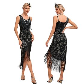 Rétro Vintage Les rugissantes années 20 1920s Robe à clapet Robe Bal Masqué Gatsby le magnifique Femme Paillettes Franges Mascarade Mariage robe demoiselle d h