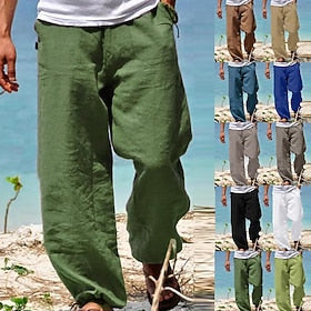 Voor heren Linnen broek Broek Zomerbroek Strandbroeken Trekkoord Elastische taille Recht been Effen Comfort Yoga Dagelijks Modieus Streetwear Marine Zwart