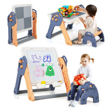 Kids' 6-in-1 Art Easel with Reversible Building Block Tabletop & Chair