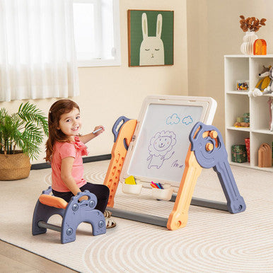 Kids' 6-in-1 Art Easel with Reversible Building Block Tabletop & Chair