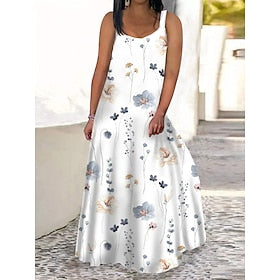 Women's Plus Size Curve Casual Dress Swing Dress Tank Dress Floral Long Dress Maxi Dress Sleeveless Print V Neck Modern Daily White Pink Summer Spring L XL XXL