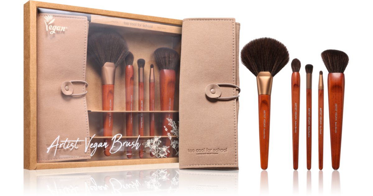 Too Cool For School Veganes Künstlerpinsel-Set mit Etui, 1 Stück Puderpinsel + 1 Stück Multifunktionspinsel + 1 Stück Konturpinsel + 1 Stück Lidschatt