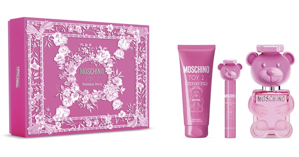 Moschino Leke 2 Bubble Gum Gavesett for kvinner Eau de Toilette 100 ml + parfymert kroppsmelk 100 ml + reisespray 10 ml